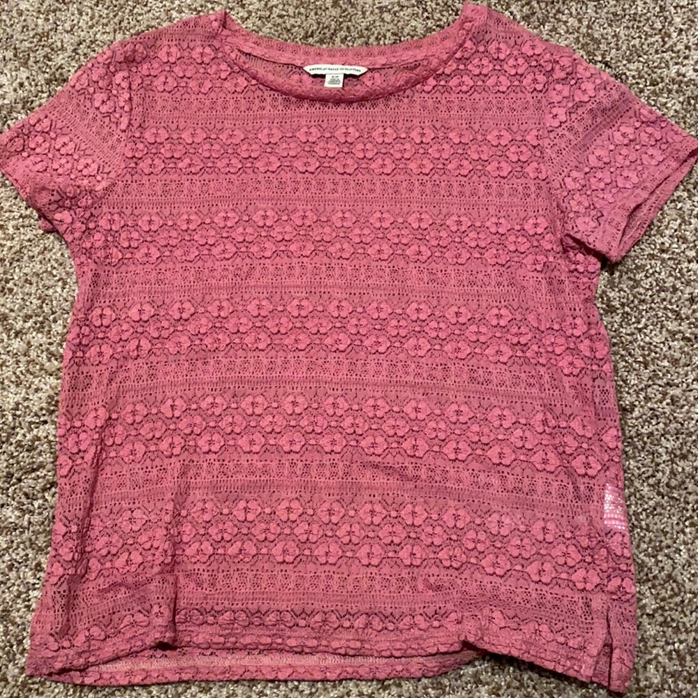 American eagle short sleeve pink lace shirt